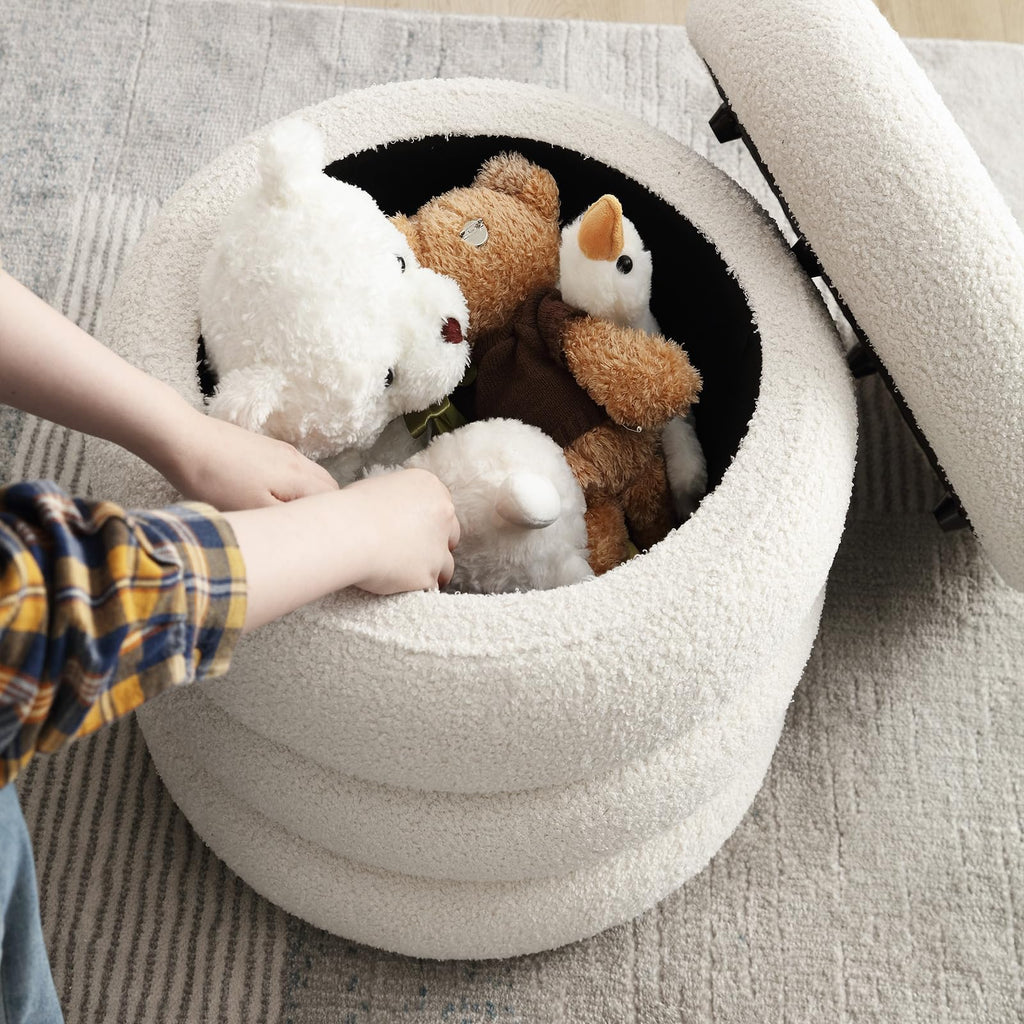Boucle Ottoman with Storage, Small Round Footrest Stool Bedroom, Upholstered Sherpa Vanity Seat with Removable Lid