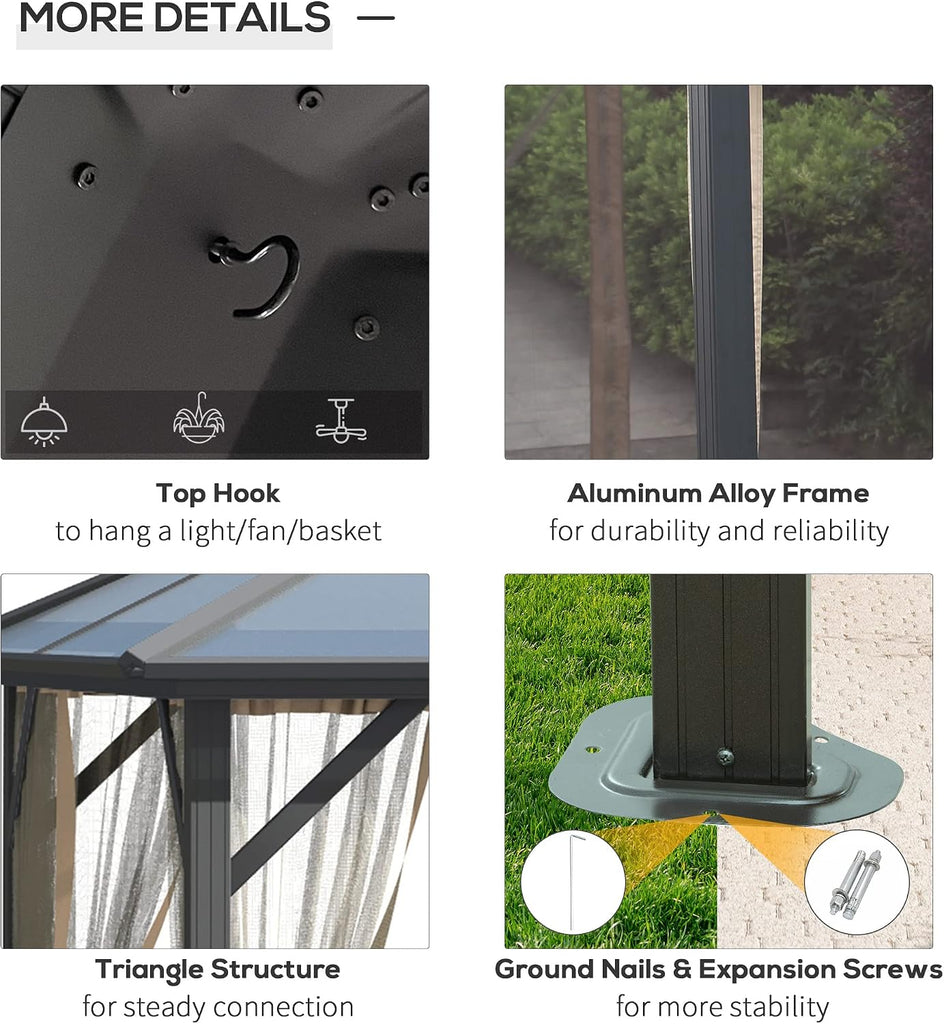 10' x 12' Hardtop Gazebo Canopy with Polycarbonate Roof, Aluminum Frame