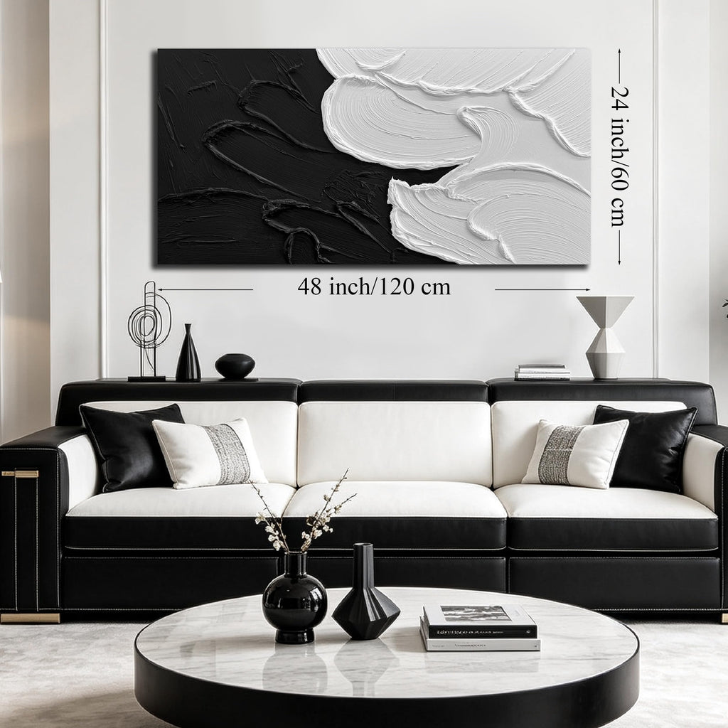 Black and White 3D Textured Abstract Oil Painting 48x24 Inch