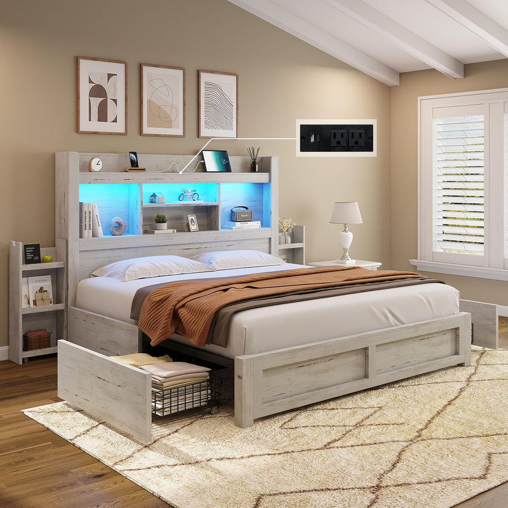 Queen Bed Frame with 4 Storage Drawer, LED Bed Frame with 49.6" Tall Bookcase Headboard, Wood Platform Bed with
