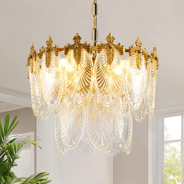 Chandeliers 2-Layer Gold Crystal Glass Chandelier, 4-Light Round Pendant Light 17.7" Brushed Brass Adjustable Height