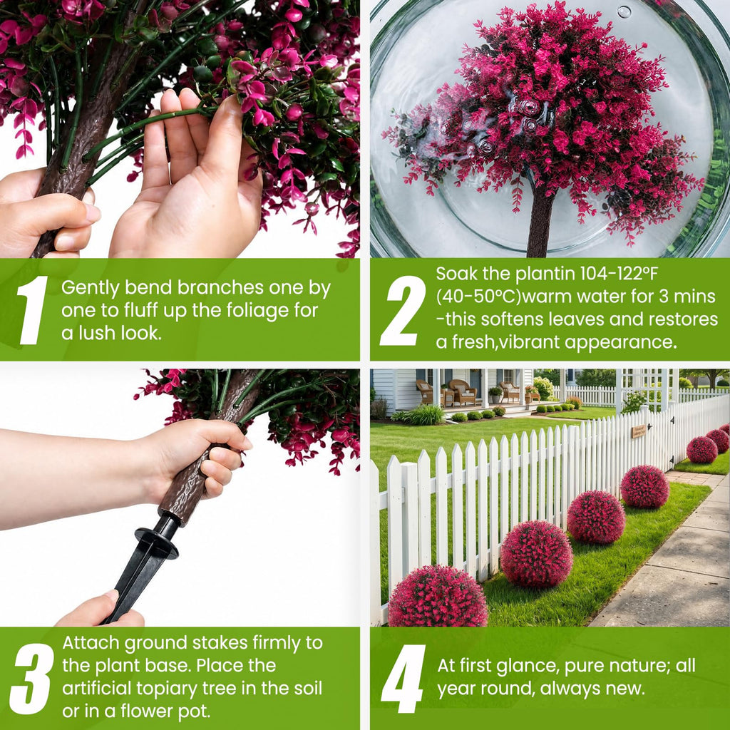 Artificial Red Eucalyptus Topiary Ball Tree, Set of 2 Fake Boxwood Bushes Shrubs with Ground Spike, UV Resistant Faux
