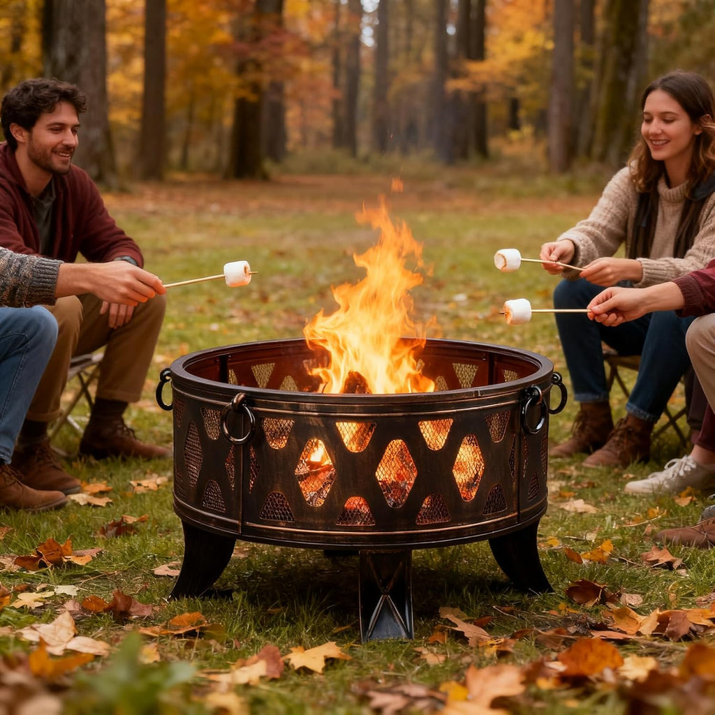 26 Inch Wood Burning Fire Pit with Cooking Grill and Spark Screen, Outdoor Metal Round Firepit