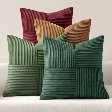 Boho Christmas Green Decorative Throw Pillow Covers 20x20 Farmhouse Cushion Covers Color-Clash Corduroy - Set of 4