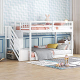 Low Bunk Beds Twin Over Twin with Stairs Solid Wood Bunk Bed Frame for Kids Boys Girls Teens, White