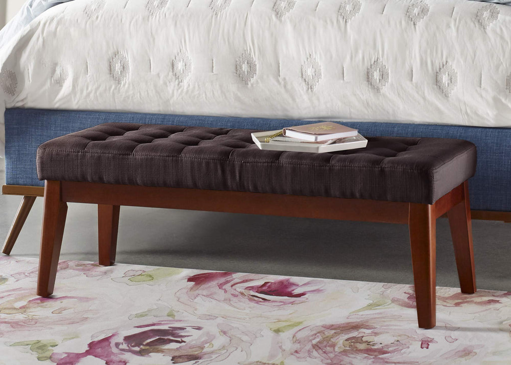 Claire Button Tufted Upholstered Bedroom Bench, Modern Fabric Padded Ottoman with Wooden Legs, Dark Brown