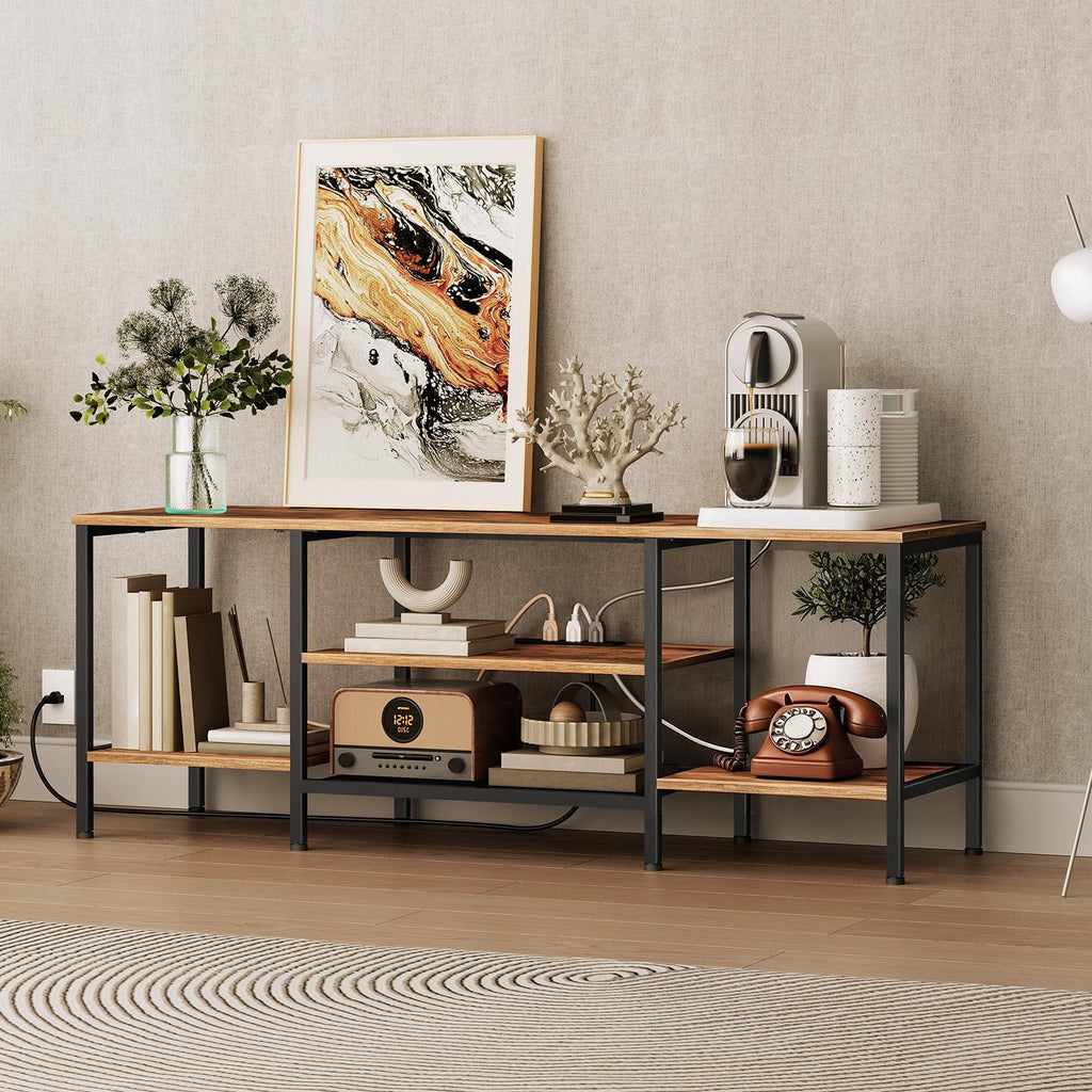 TV Stand with Power Outlets to 65 Inches, TV Console Table with Open Storage Shelves, Industrial Media Entertainment