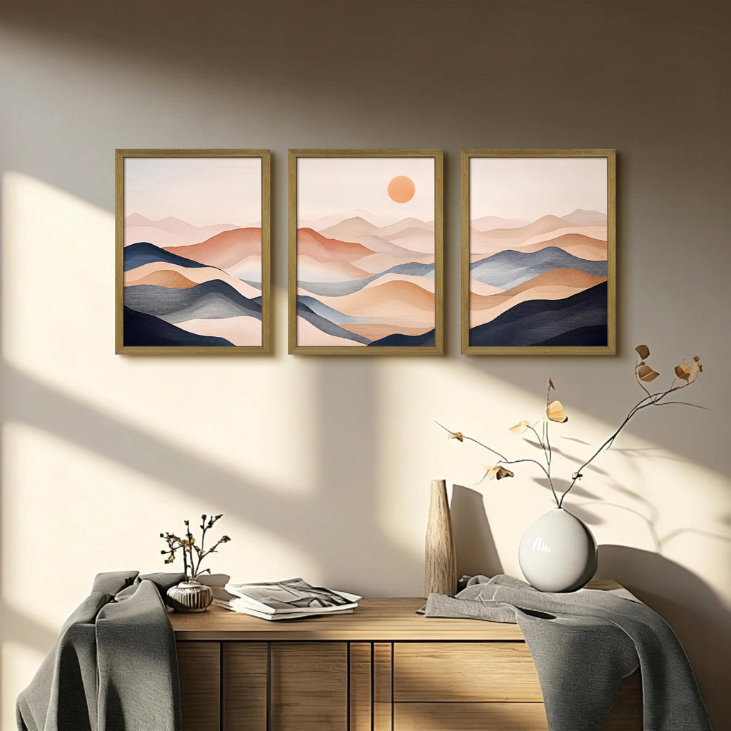 Vintage Abstract Mountain Wall Art Set of 3 Canvas, Neutral Desert Landscape Framed Poster, Retro Boho Painting for