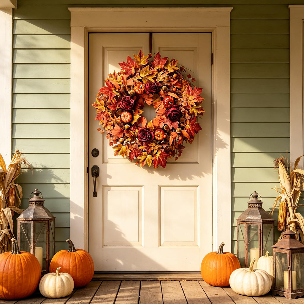 26" Large Artificial Fall Maple Leaves Wreath for Front Door, Autumn Orange