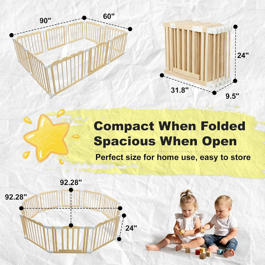Foldable Wooden Playpen for Babies and Toddlers, Pre-Assembled Baby Playpen, Solid Wood Indoor Play Yard, Large Baby