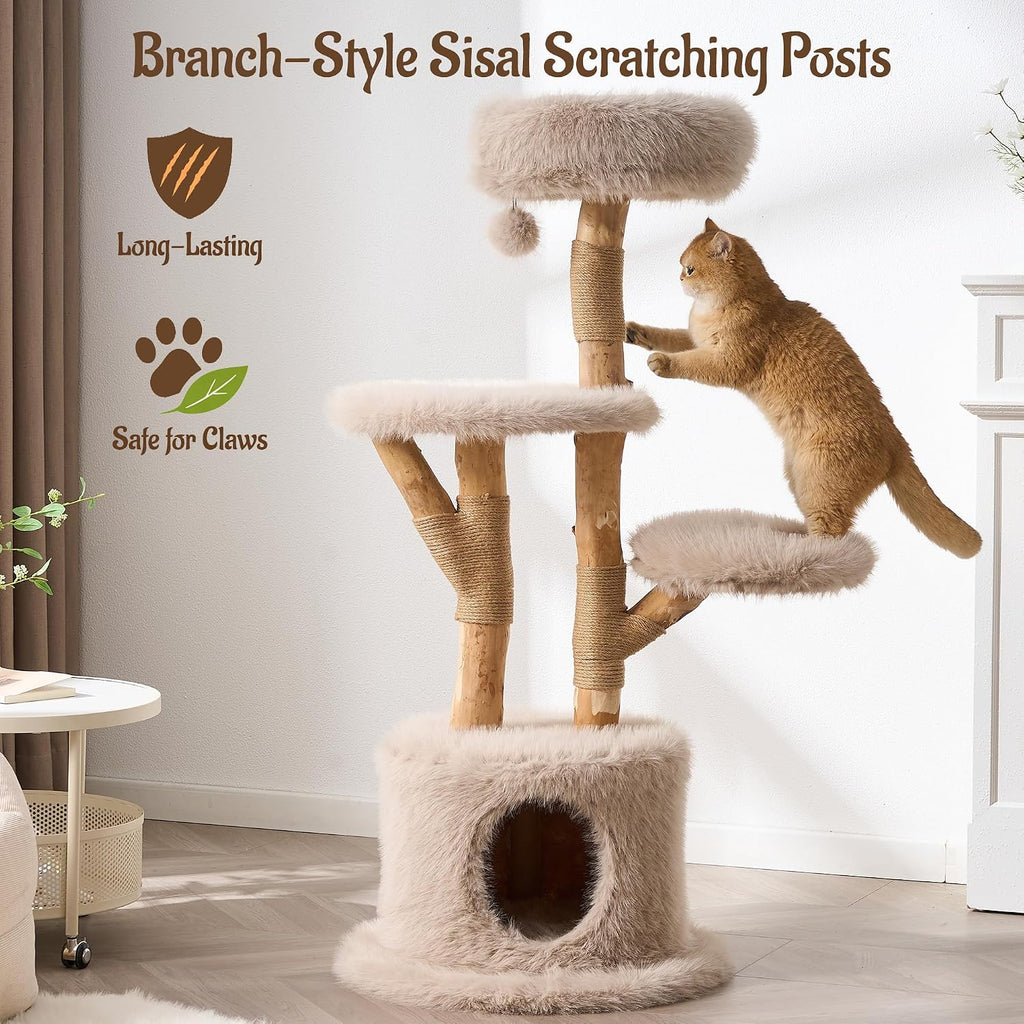 54" Modern Aesthetic Cat Tree Tower for Indoor Cats with Branch-Style Natural Wood Scratching Posts, Luxury Plush