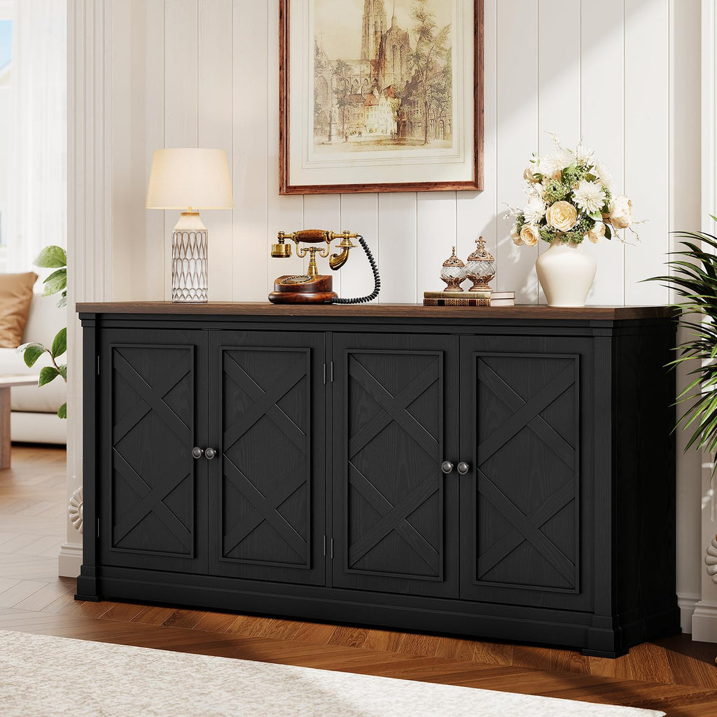 63 Inch Buffet Cabinet with Storage, 4 Barn Doors, Black