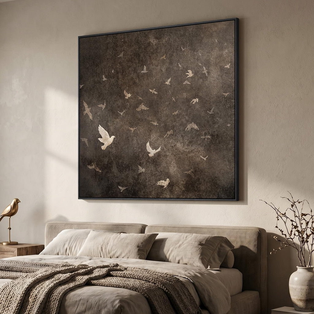 Extra Large Framed Vintage Bird Brown Wall Art, Square