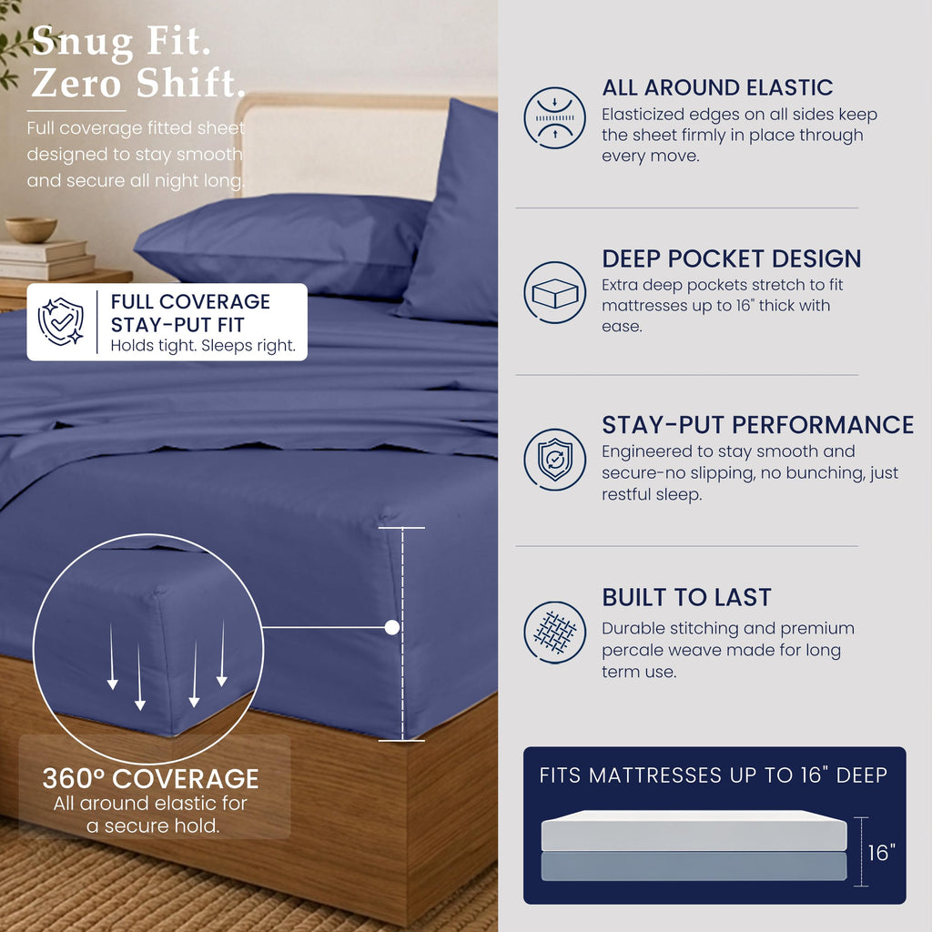 100% Cotton California King Sheets, Percale Weave, Classic Blue
