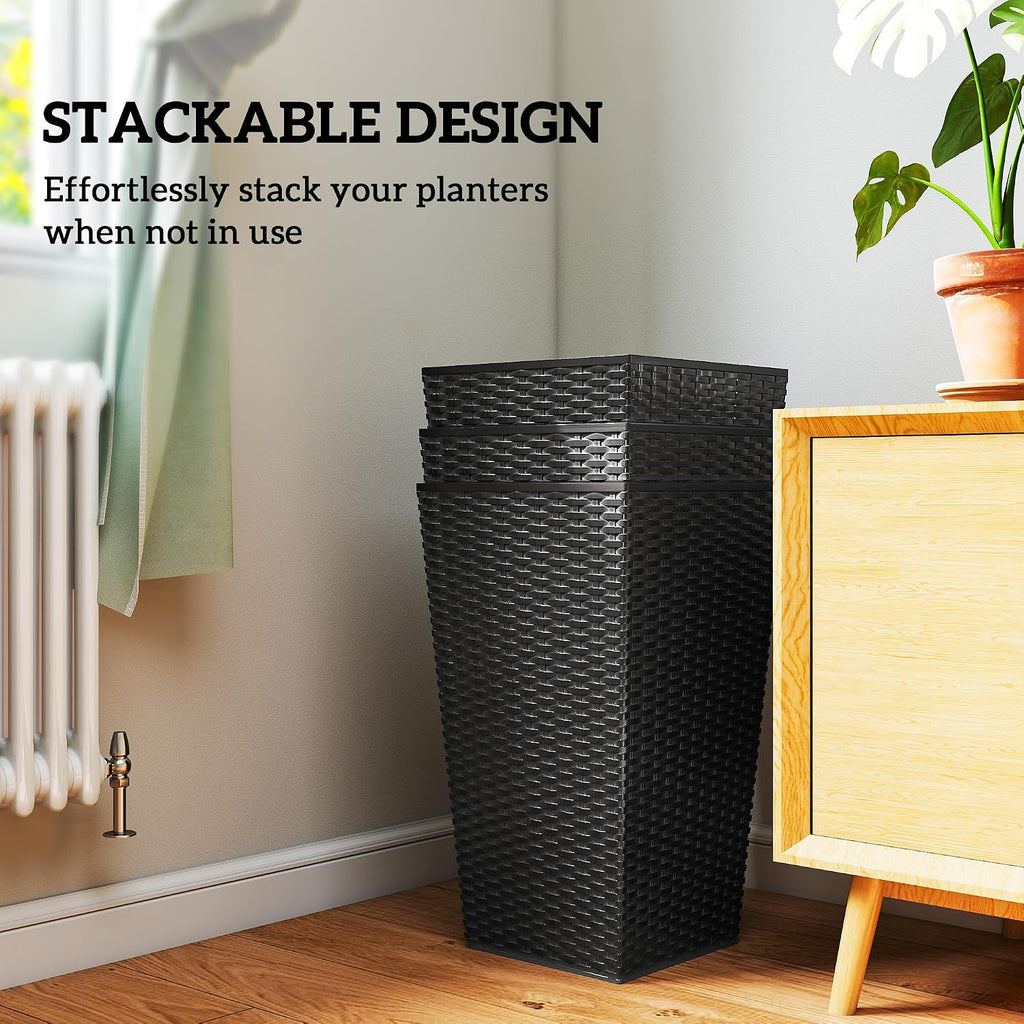 24 in Taper Tall Planters for Outdoor Plants Set of 3, Black | with Drainage Holes, Rattan Decor Plant Pots, Indoor