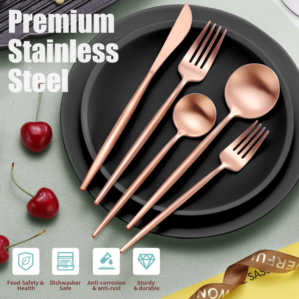 Matte Rose Gold Silverware Set for 4,Modern Stainless Steel Brushed Cutlery Set,20-Pieces Heavy Duty Flatware