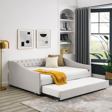 Upholstered Daybed with Trundle, Modern Button Tufted Fabric Full Size Daybed Frame Sofa Bed, No Box Spring Needed