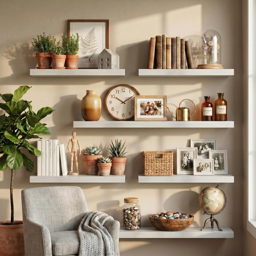 32 Inch Floating Shelves for Wall, White Wood Wall Mounted Shelf with Invisible Bracket, 10 Inch Deep Large Shelves