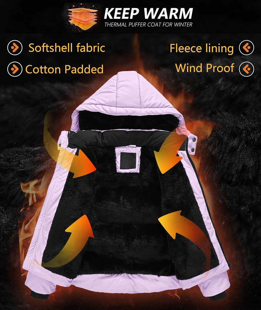 Winter Coat Warm Fleece Thermal Padded Jackets with Detachable Hood Outdoor Puffy Jacket with Zip Pockets