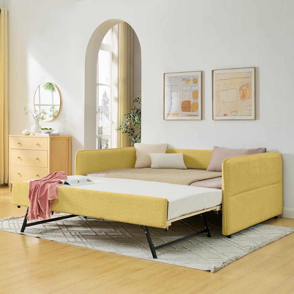 Full Size Upholstery Tufted Daybed with Erectable Trundle, Twin to King Design Modern Extendable Boucle Sofa Bed