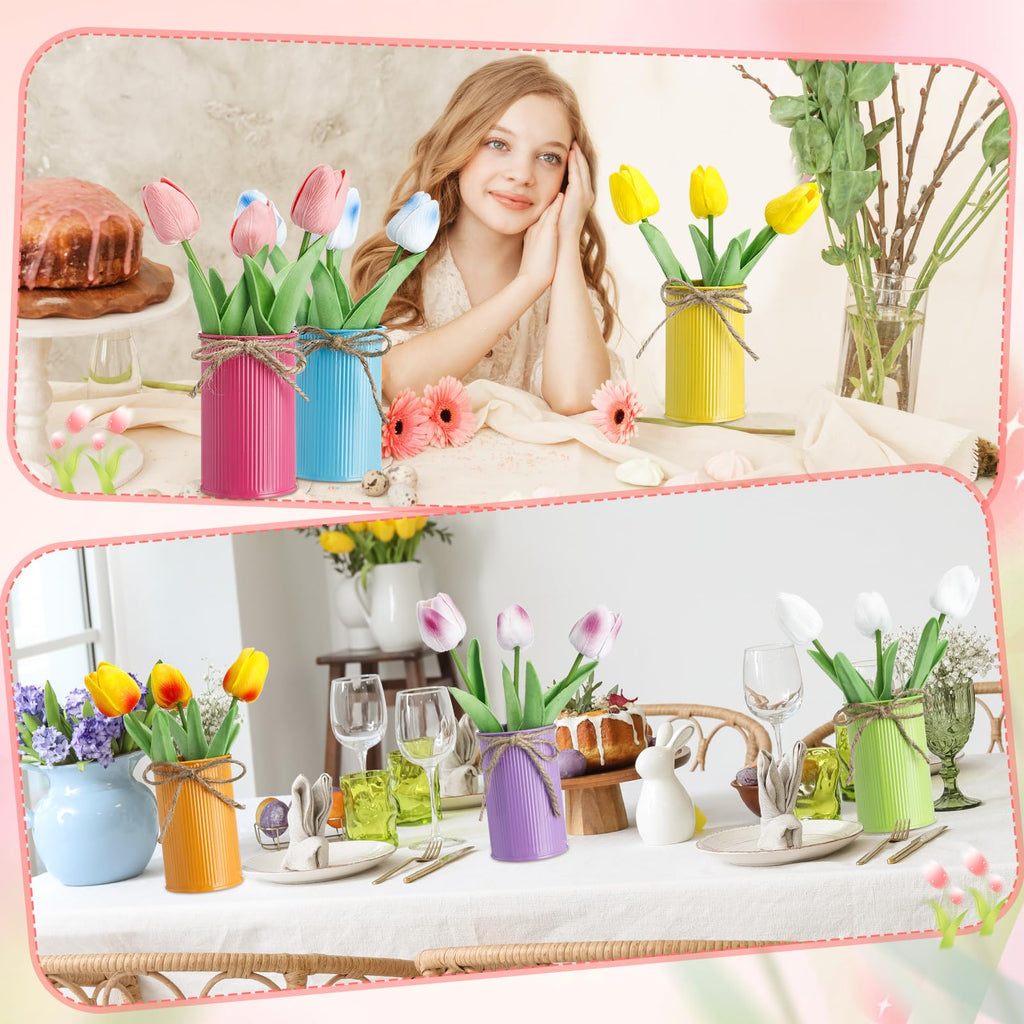 12 Sets Easter Centerpieces for Tables Easter Office Decorations Spring Artificial Tulip with Galvanized Metal Pot