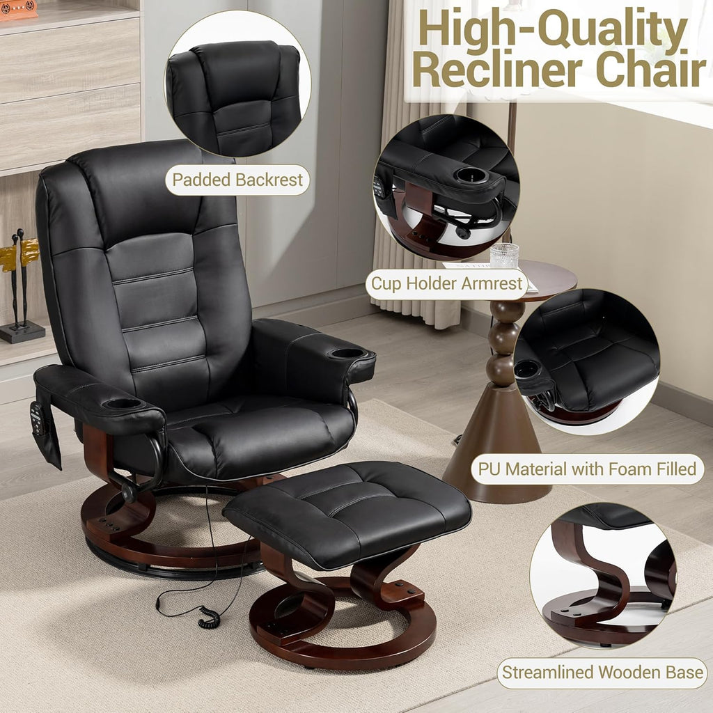 Modern Reclining Lounge Chair and Ottoman — Black PU Leather