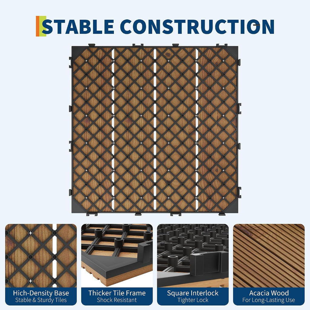 22 PCS Solid Acacia Wood Composite Deck Tiles - 12" x 12" Indoor Outdoor Waterproof Flooring Tiles for Balcony