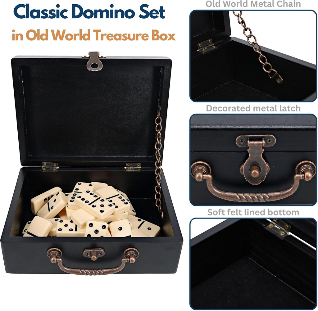 Double 6 Dominoes in Black Stained Wooden Treasure Box, Dominoes Set for Adults, Ivory Color Double Six Domino