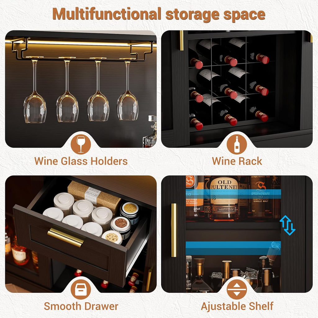 Coffee Bar Cabinet with LED Light and Storage Hutch, Black | Liquor Wine Bar Cabinet with Drawer, Wine Rack, Glass