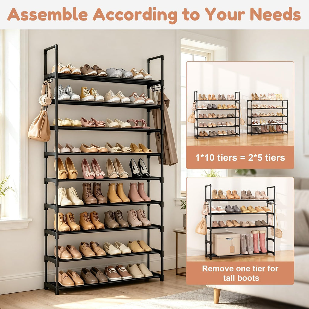 Shoe Rack 10-Tiers Large Capacity Metal Shoe Rack Organizer with Two Hooks Holds Shoes and Boots Free Standing Tall