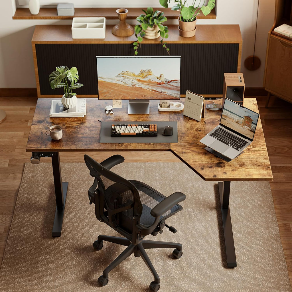 59 x 35 Inch Corner L Shaped Electric Standing Desk, Rustic Brown | Electric Height Adjustable, L-shape Workspace