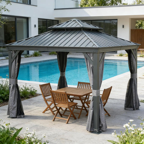 Domi 13x13FT Outdoor Gazebo, Hardtop Gazebo with Galvanized Steel Doub