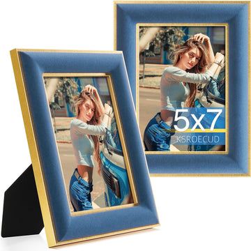 5x7 Velvet Picture Frame, Navy Blue Photo Frames with Modern Simple Metallic Gold Border, HD Real Glass Horizontal &
