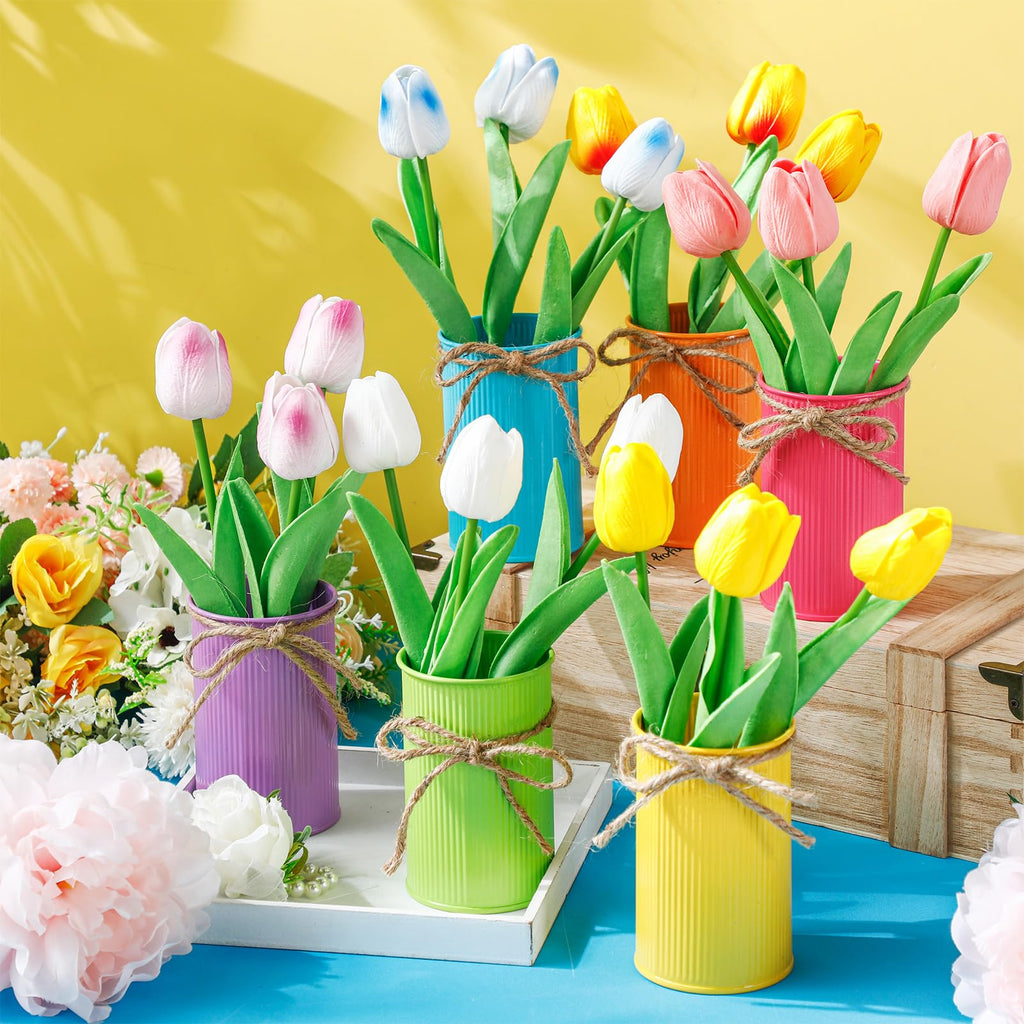 12 Sets Easter Centerpieces for Tables Easter Office Decorations Spring Artificial Tulip with Galvanized Metal Pot