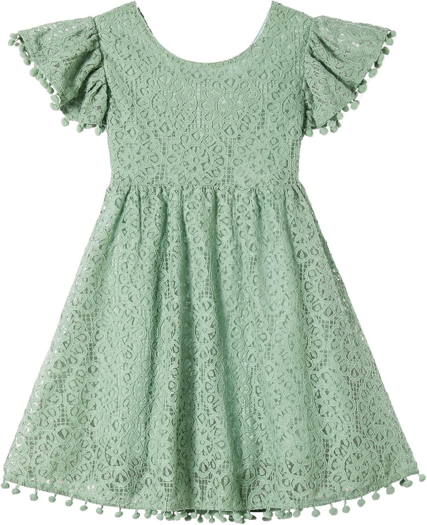 Tie-Back Toddler Dress Girls Backless Pom Pom Lace Party Princess Dresses