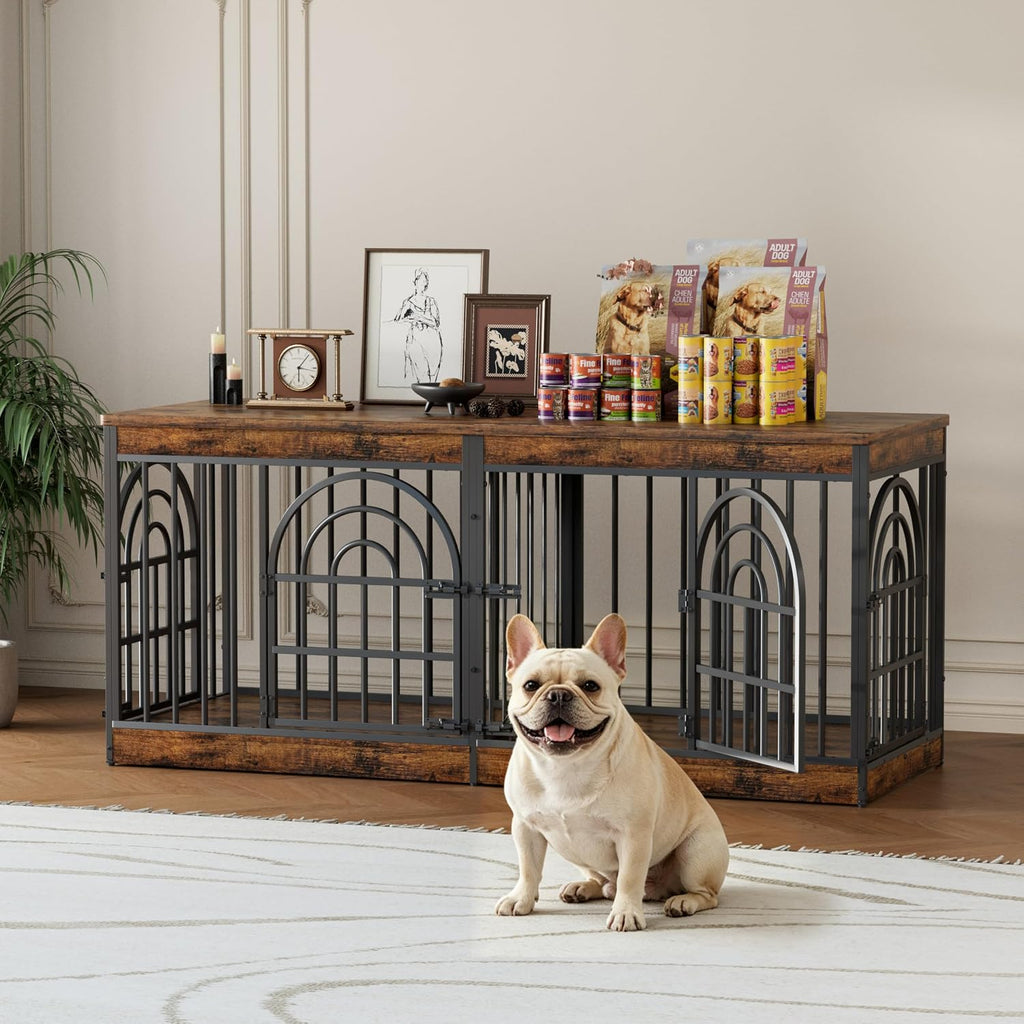 63" Wooden Double Dog Crate Furniture for 1-2 Dogs