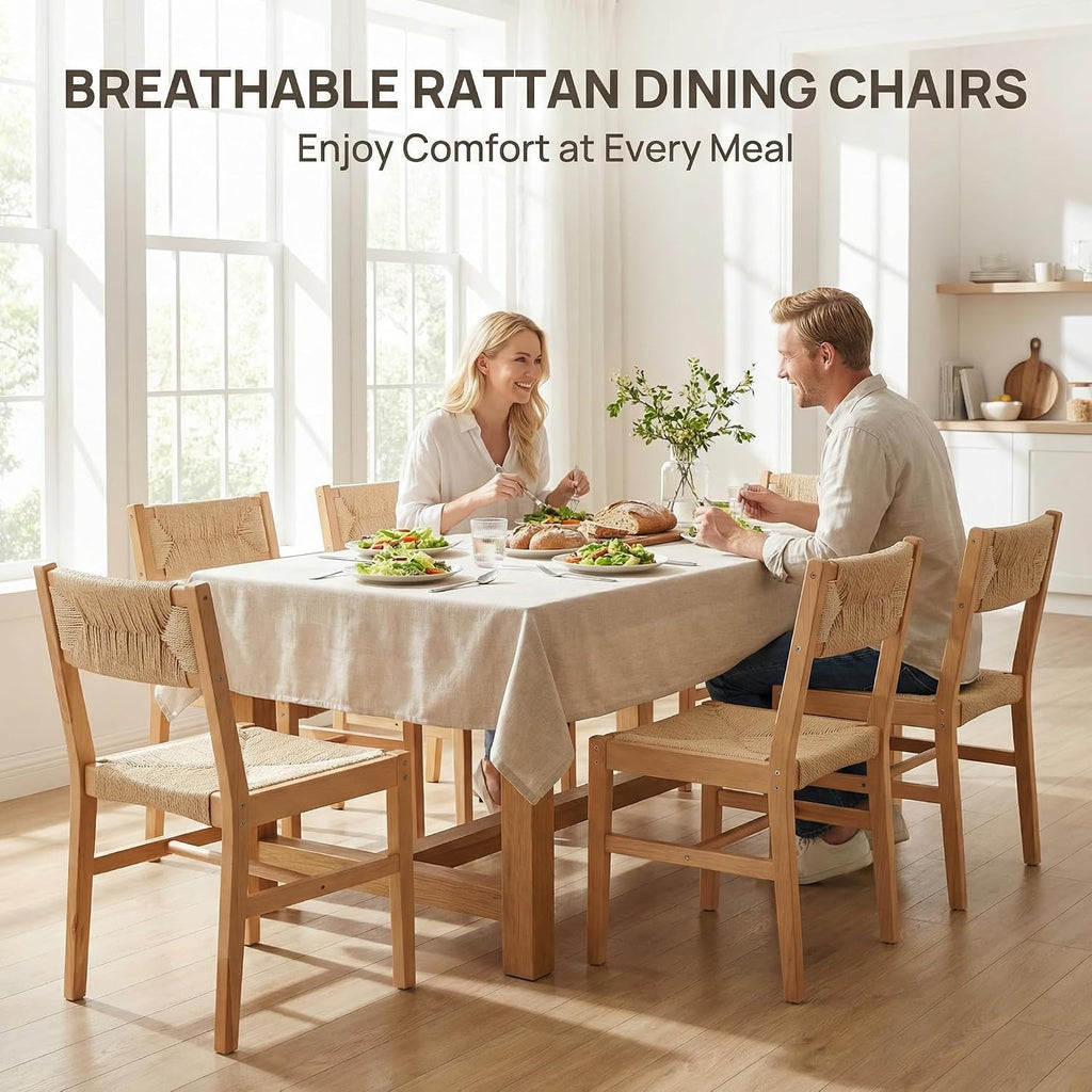 Mid Century Modern Rattan Dining Chairs Set of 6, Natural Beechwood Kitchen Chairs Farmhouse Woven Dining Room Chairs