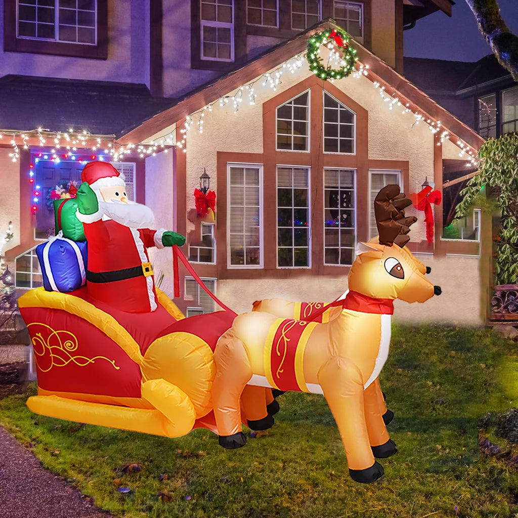 7.5 Ft Christmas Inflatables Santa Sleigh with Reindeer Outdoor Decoration Lighted Inflatable Santa Claus on Sleigh