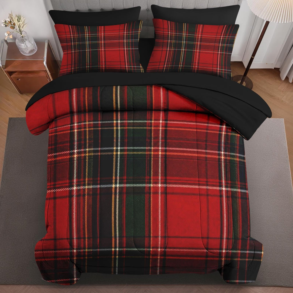 Comforter Set, 7 Pieces Plaid Tartan Bedding Set