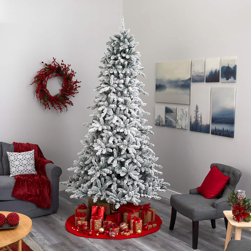 Flocked Livingston Fir Artificial Christmas Tree with Pine Cones and 650 Clear Warm LED Lights