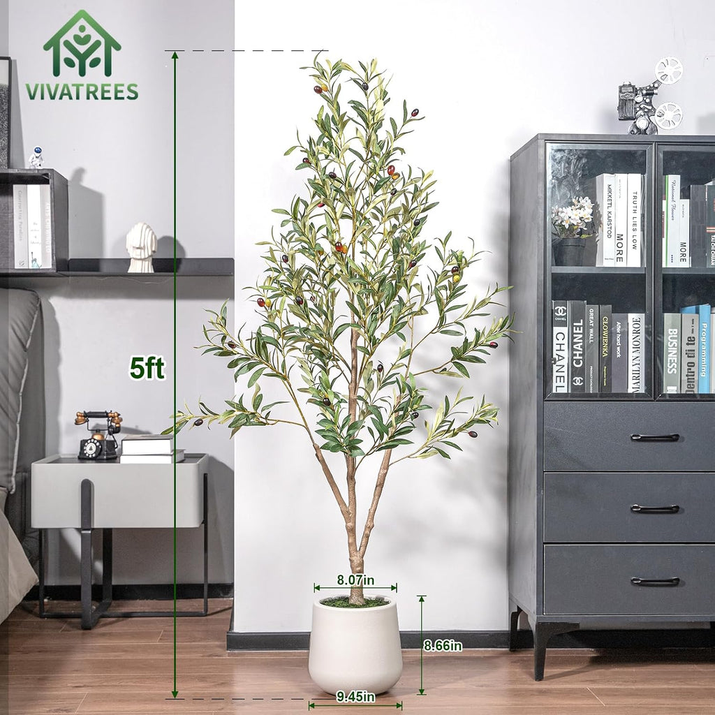 Olive Trees Artificial Indoor, 5FT Tall Faux Olive Tree with White Tall Planter, Artificial Plants with Natural Wood