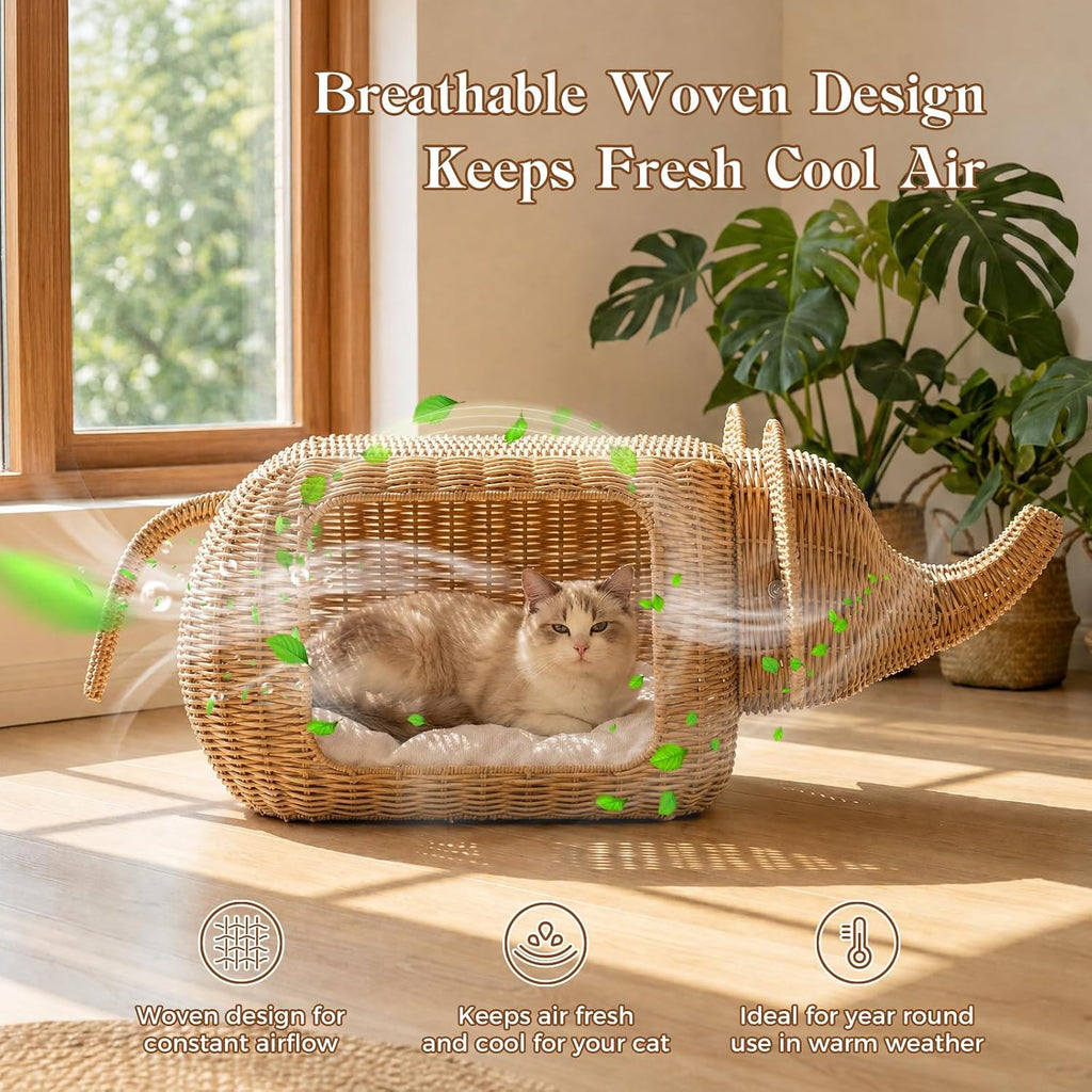 Elephant Shaped Rattan Cat Bed, Breathable Hand-Woven Wicker Cat Cave
