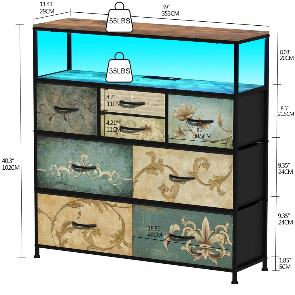 TV Stand with Power Oulet Dresser with Charging Station & LED Light with 8 Fabric Drawers Storage Chest of Drawers