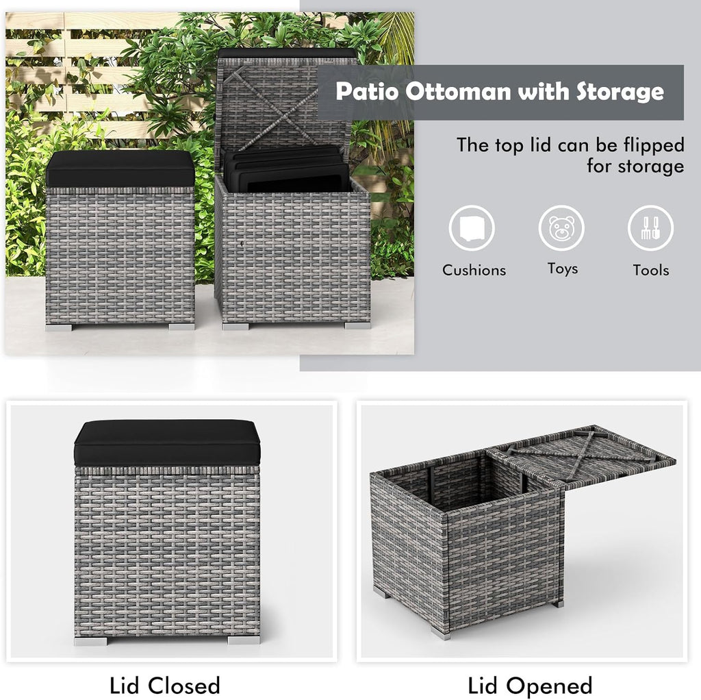 Patio Ottoman Set of 2, Outdoor Wicker Stools with Storage, Rattan Footrest Ottoman with Solid Metal Frame and