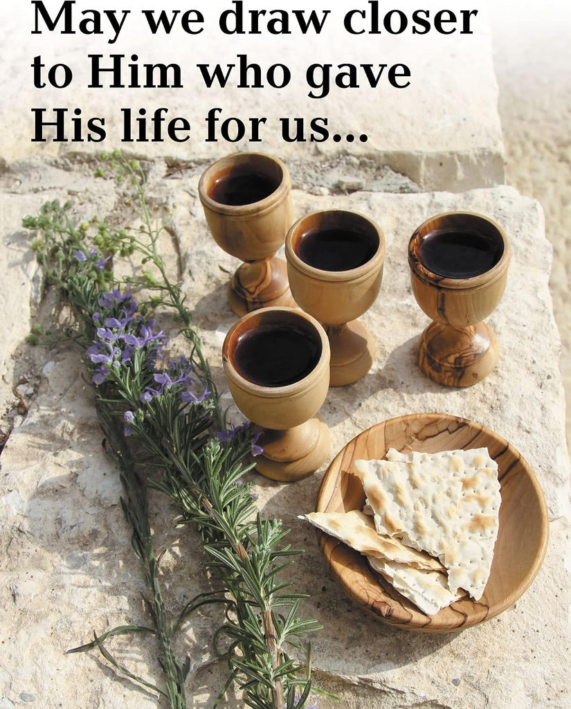 Olive Wood Communion Cups & Bread Plate Set - 4 Hand-Carved Kiddush Goblets with Tray from Bethlehem - Authentic Holy