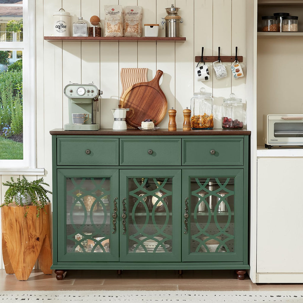 Large Sideboard Buffet Cabinet with Storage, 48" Credenza with 3 Glass Doors & 3 Drawers, Adjustable Shelves Coffee