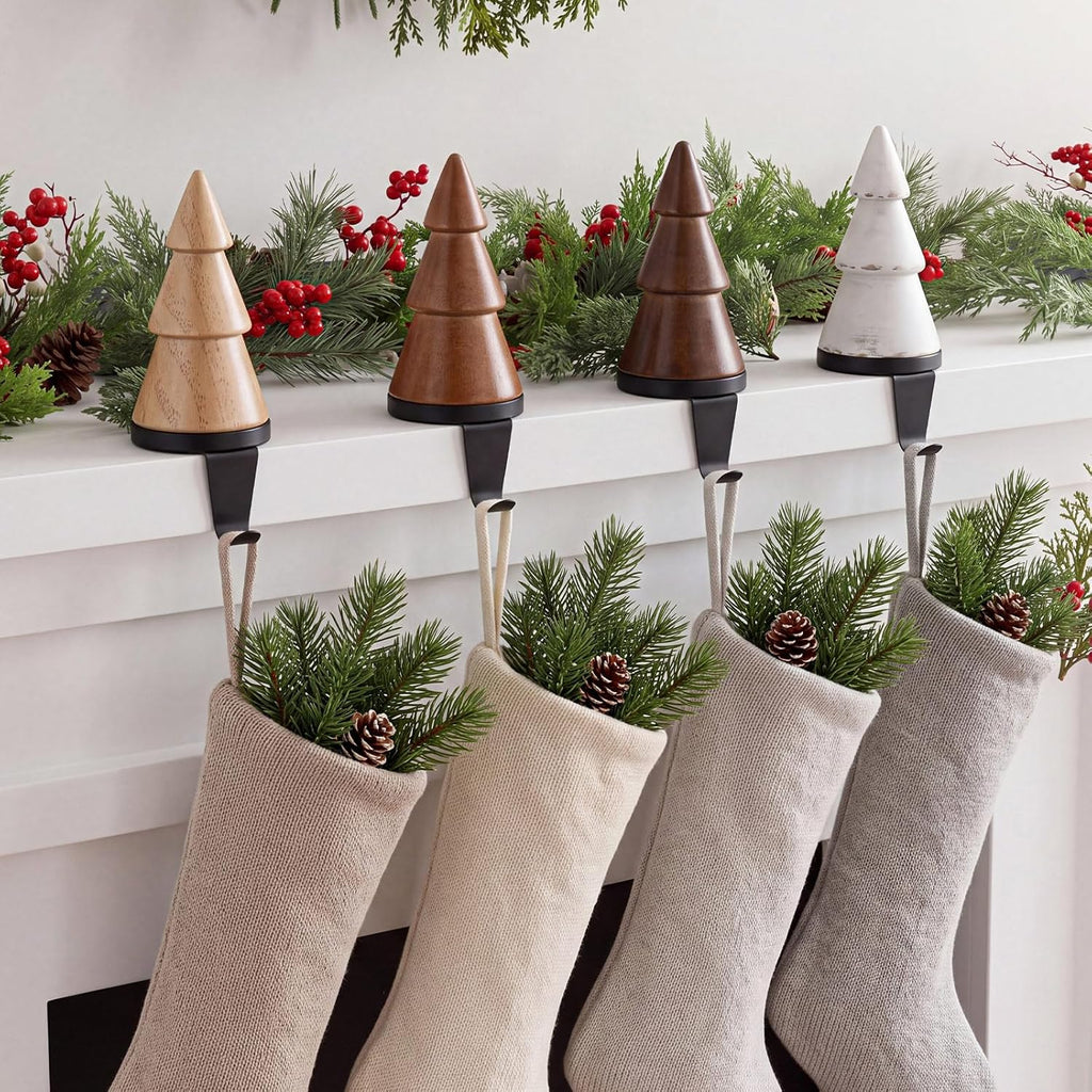 4 Pack Wooden Christmas Tree Stocking Holder for Mantle, Classic