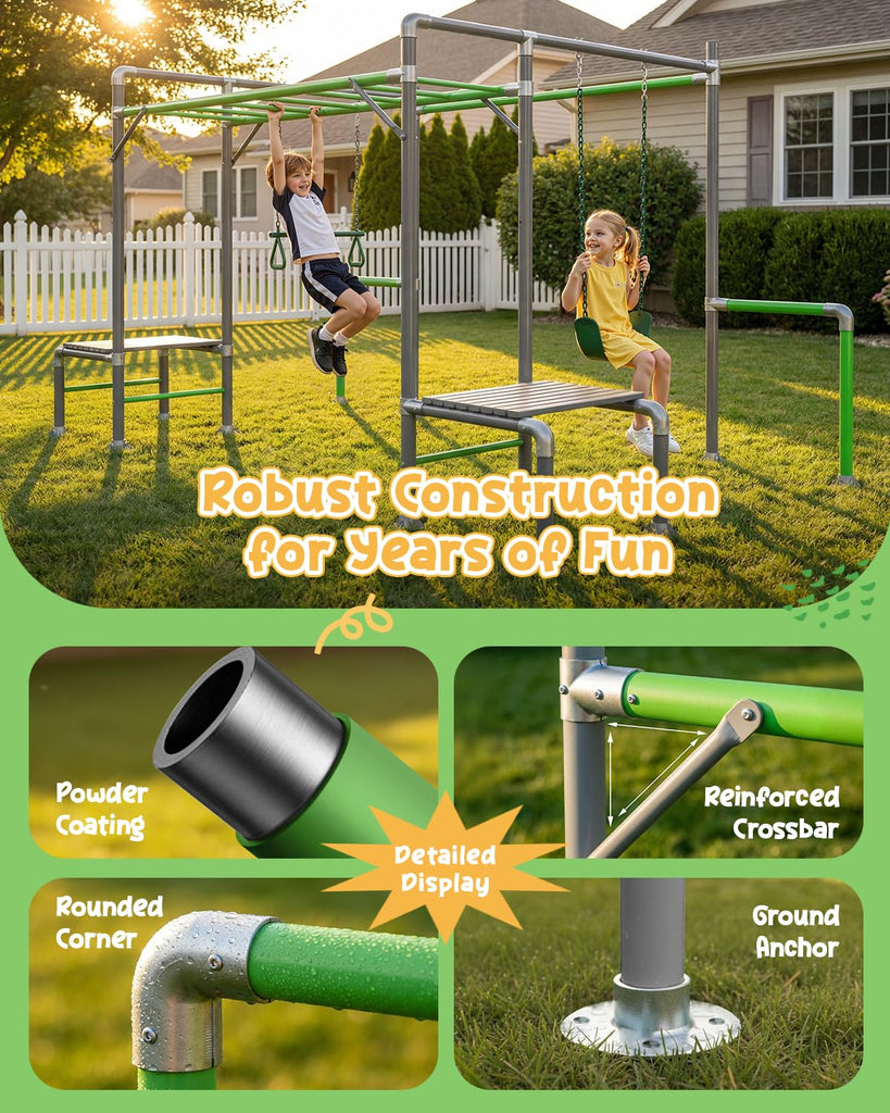 Outdoor Jungle Gym with Monkey Bars Frame, Climbing Set, Trapeze Swing Bar, Belt Swing, Kids Gymnastics Bars