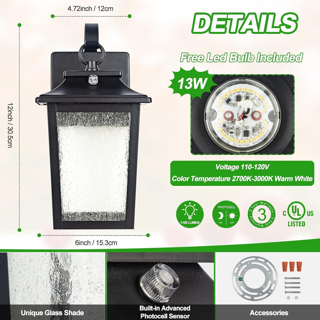 LED Dusk to Dawn Outdoor Wall Lantern with Sensor - Exterior Porch Lighting Fixtures