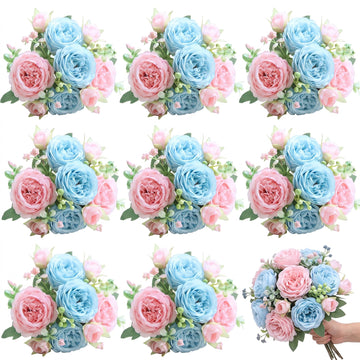 8 Bundles Artificial Peony Centerpiece Flowers, Blue Pink